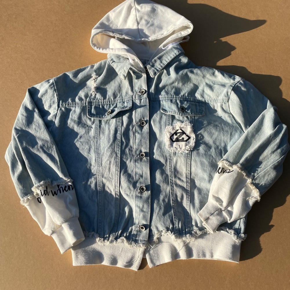 Kim Mi-yeon Denim Hoodie Jacket Womens M Light Blue Casual Distressed Layered